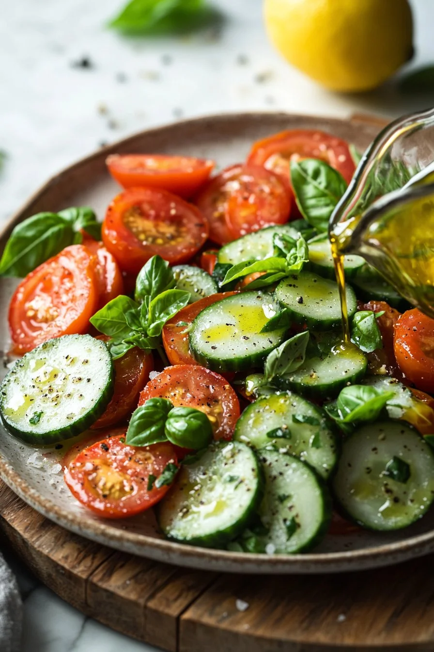 Frischer Gurken-Tomaten-Salat mit bunter Gemüse-Dekoration