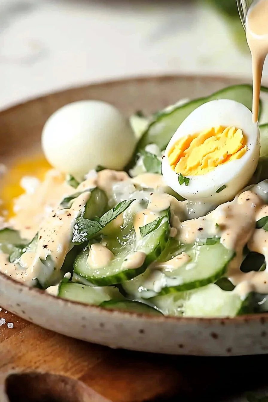 Gurkensalat mit Ei auf einem Teller, frisch und appetitlich angerichtet.