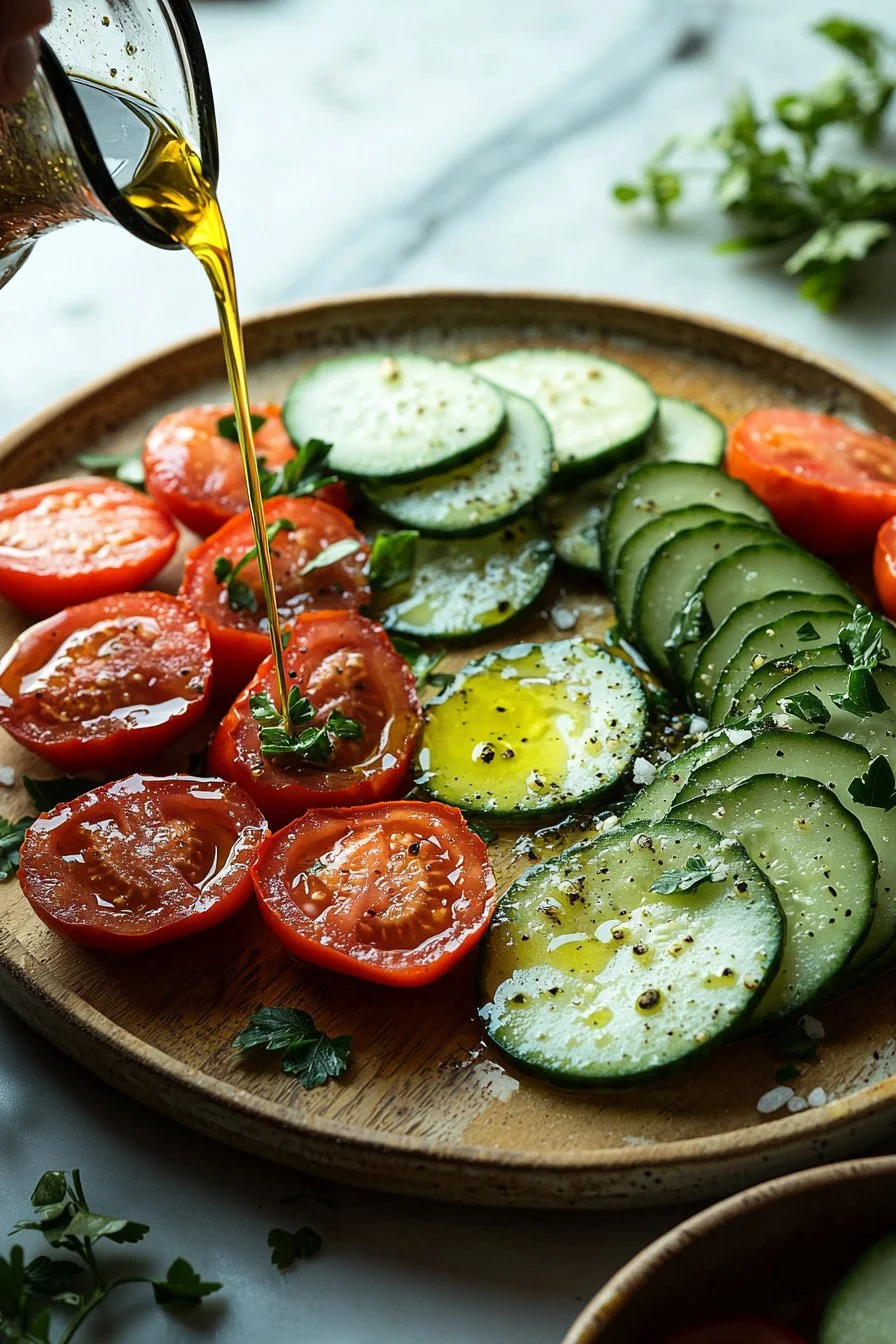 Frischer Gurkensalat mit Tomaten in einer Schüssel angerichtet.