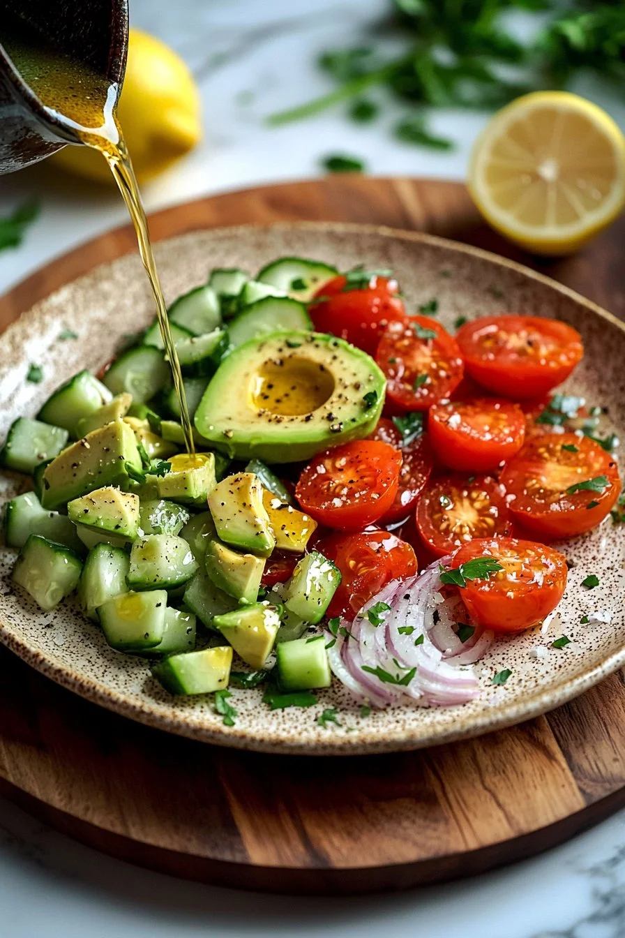 Gurken-Tomaten-Avocadosalat auf einem Teller, frisch und gesund zubereitet.