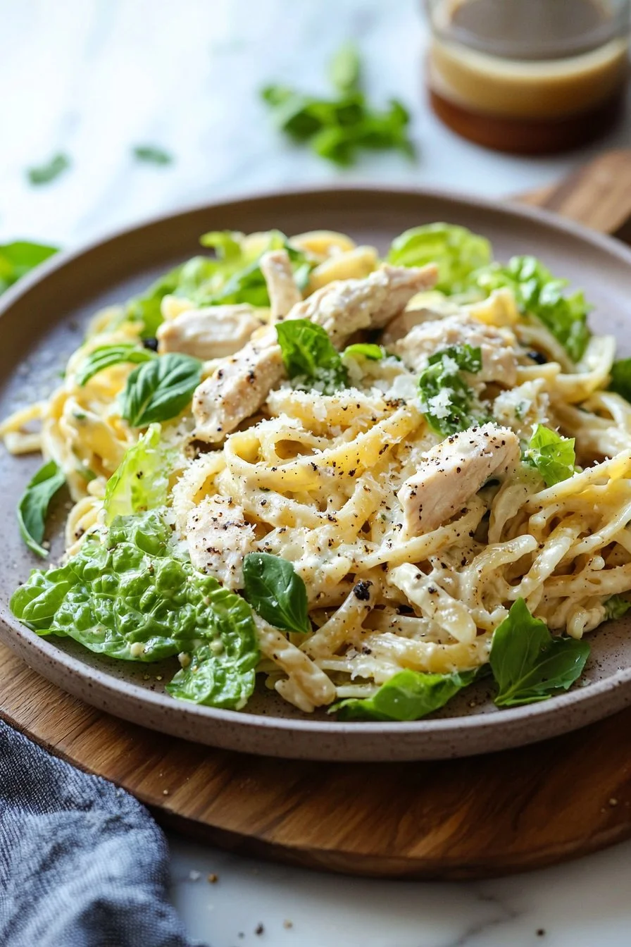 Leckere Schüssel Hähnchen-Caesar-Pasta-Salat mit frischem Gemüse und Dressing