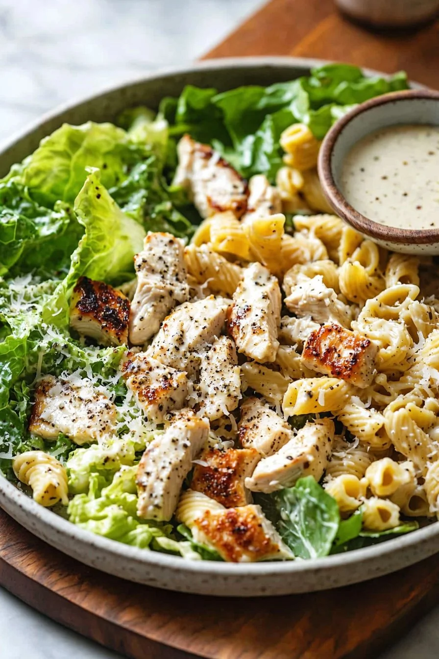 Hähnchen-Caesar-Pasta-Salat für gesunde Mahlzeiten im Voraus zubereitet