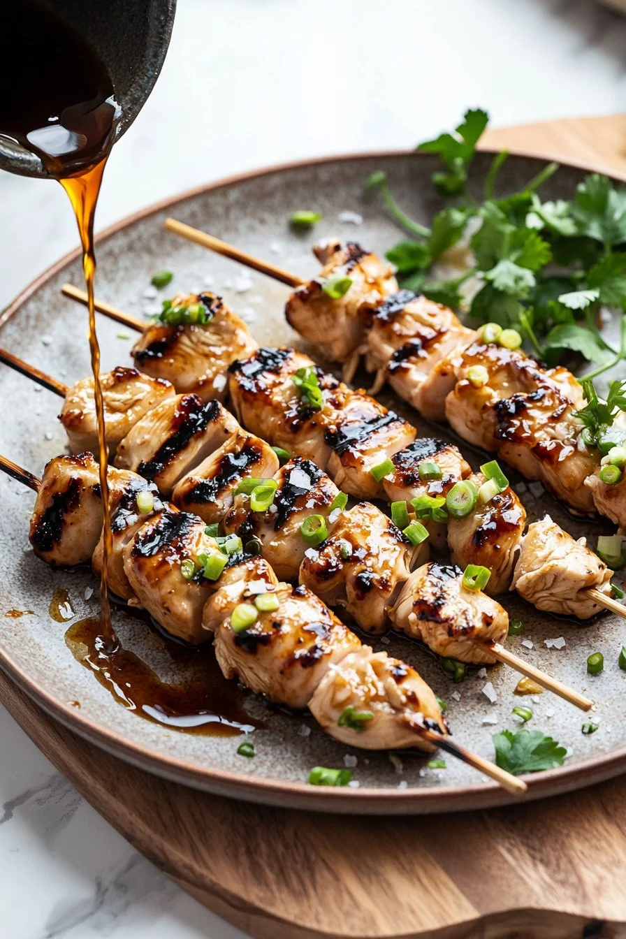 Hähnchen Yakitori Spieße auf einem Grill serviert