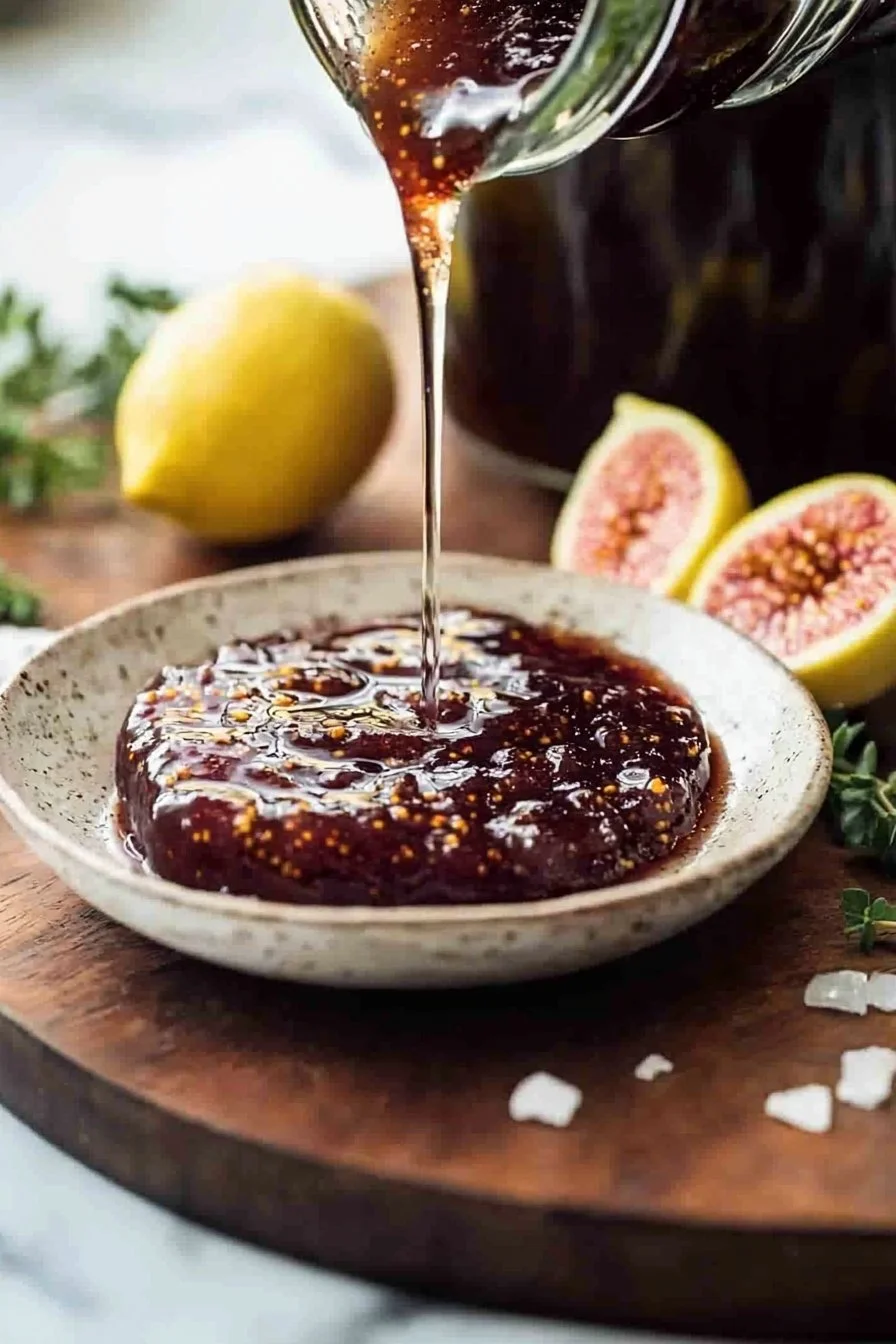 Gläser mit hausgemachter Feigenmarmelade auf einem rustikalen Tisch