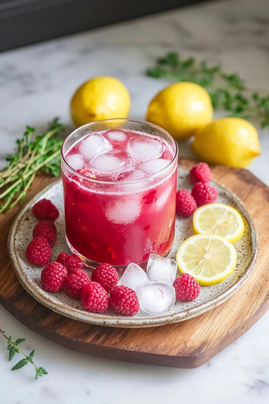 Glas mit hausgemachter Himbeerlimo und frischen Himbeeren auf einem Tisch.