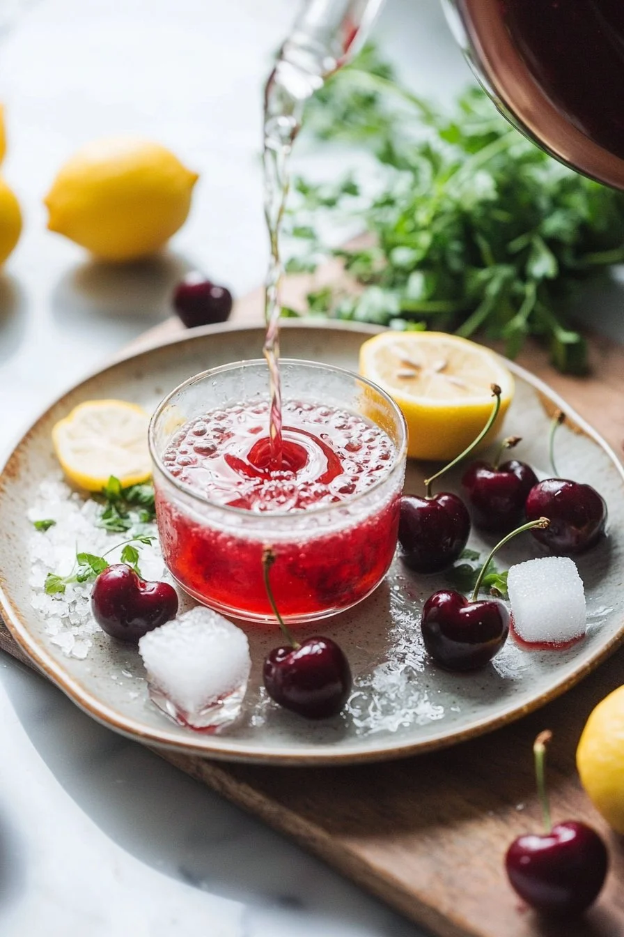 Erfrischende hausgemachte Kirschlimonade in einem Glas mit Kirschen