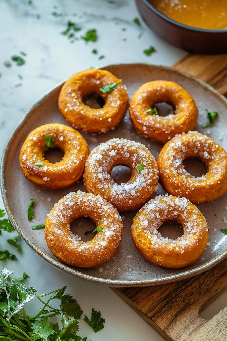 Hausgemachte Kürbisdoughnuts mit Kürbis und Gewürzen auf einem Teller