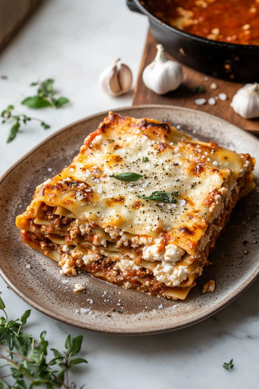 Hausgemachte Lasagne mit Ricotta-Käse frisch serviert auf einem Teller.