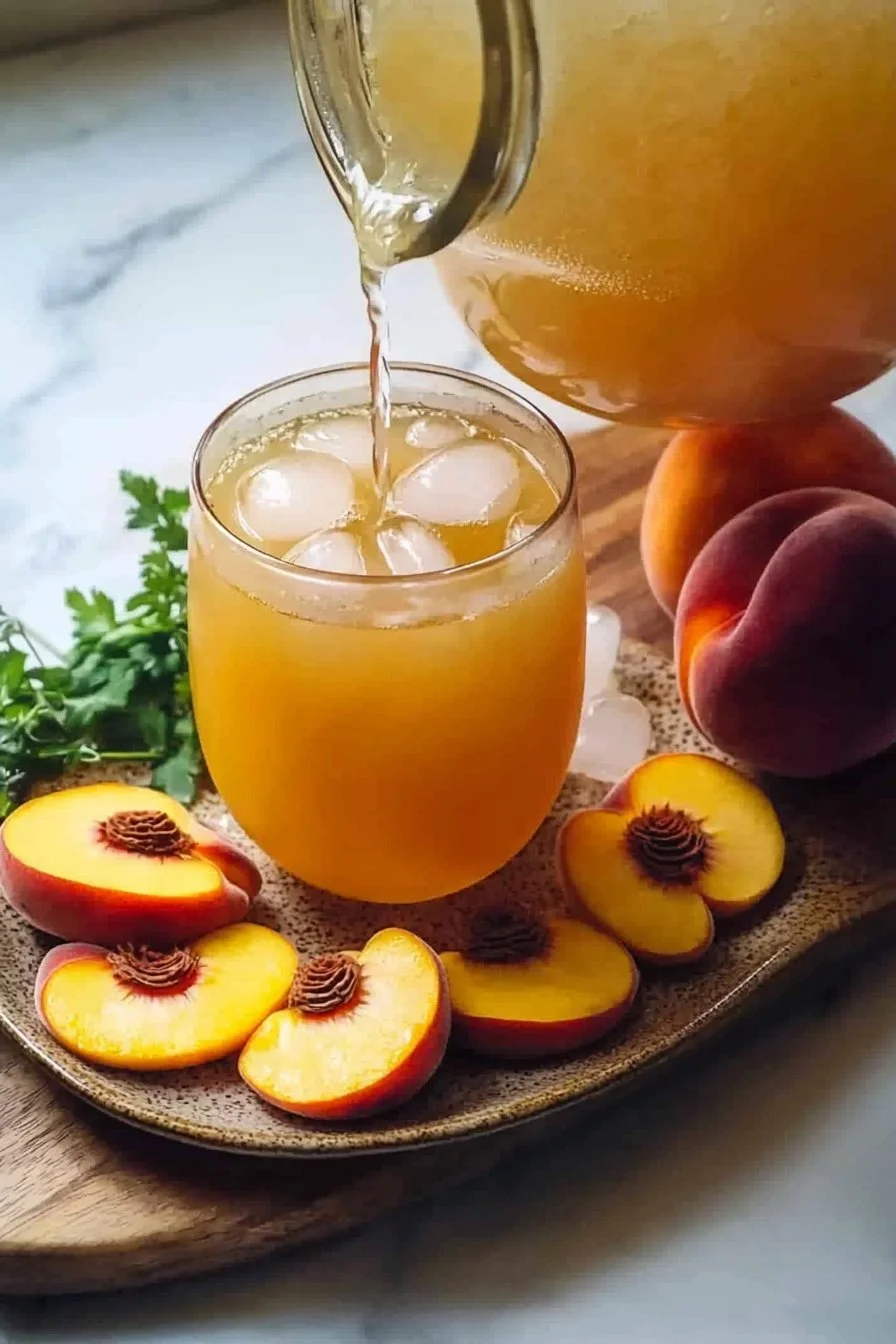 Hausgemachte Pfirsich-Limonade in einem Glas mit Pfirsichscheiben