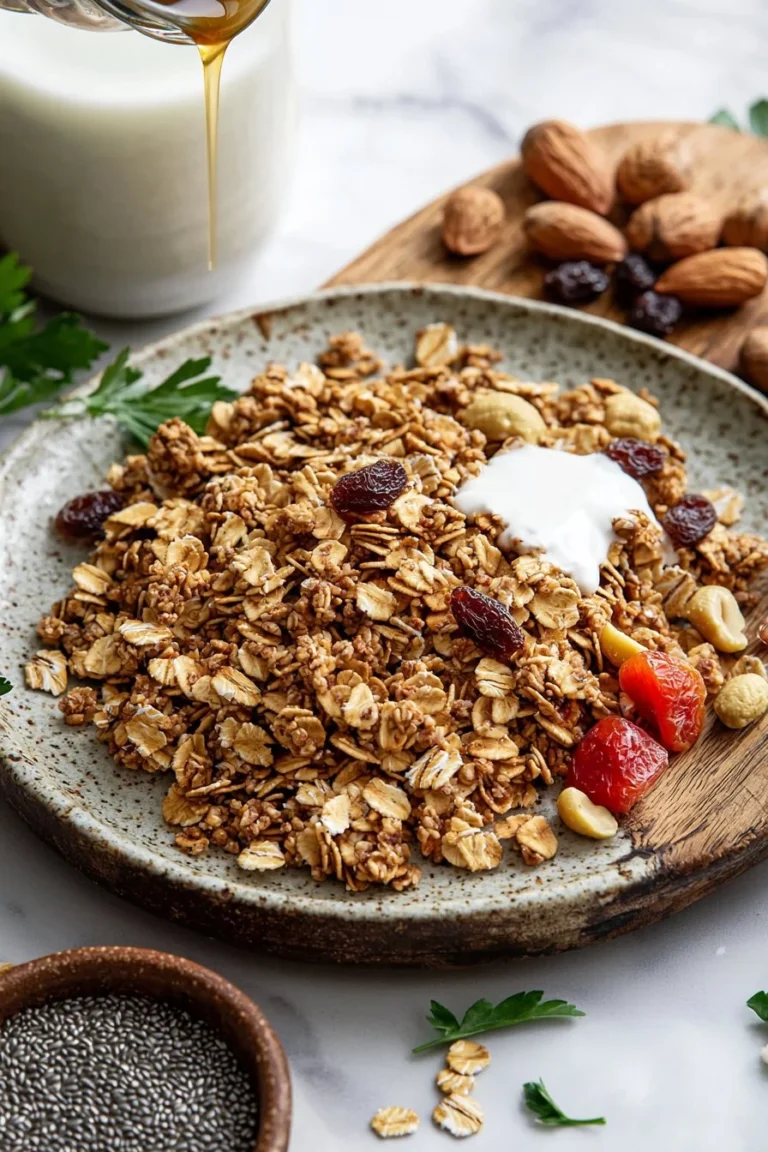 Hausgemachtes Protein-Müsli mit frischen Zutaten und Nüssen.
