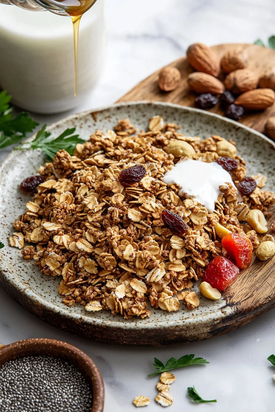 Hausgemachtes Protein-Müsli mit frischen Zutaten und Nüssen.