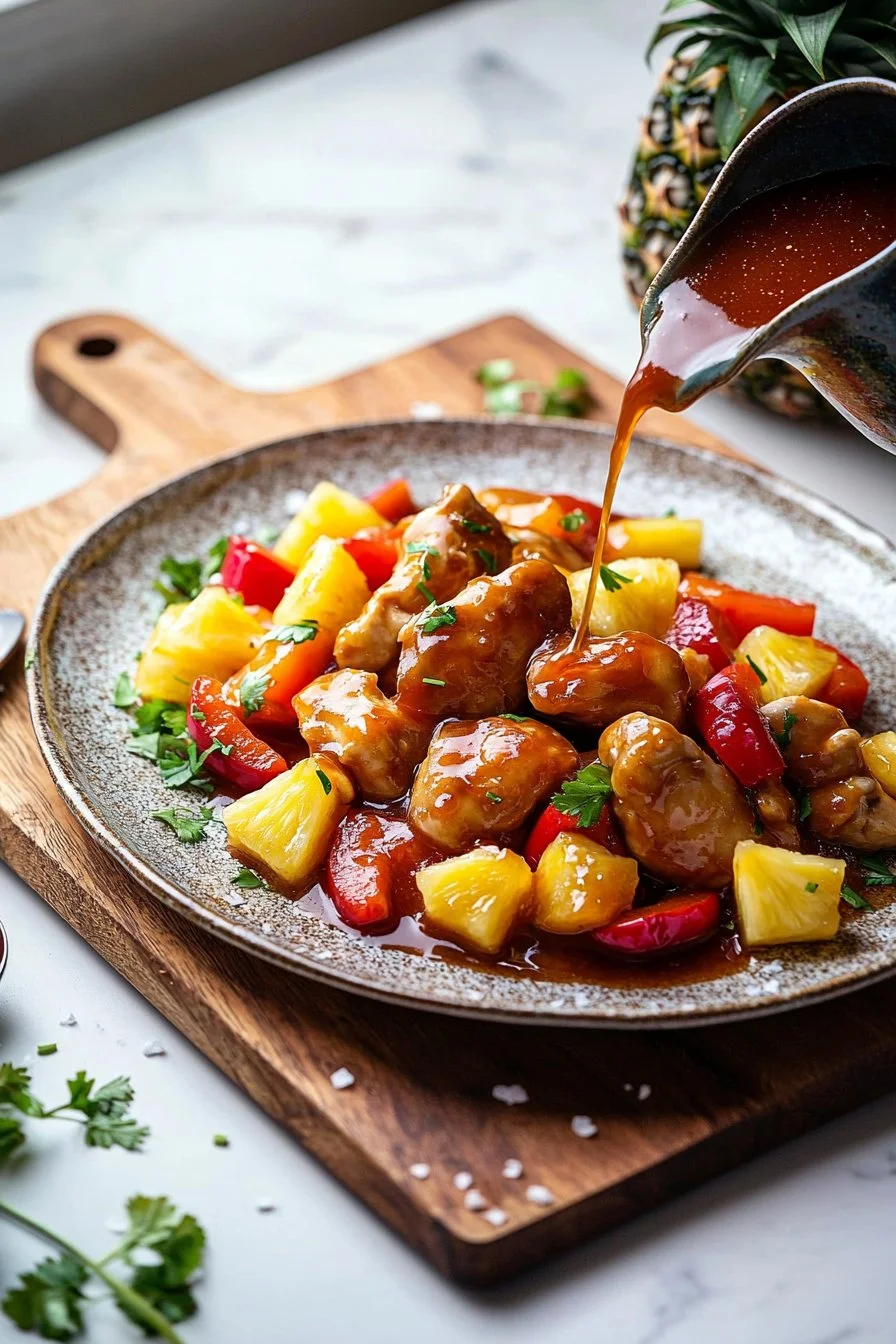 Hausgemachtes Süß-saures Hühnchen mit frischen Zutaten serviert