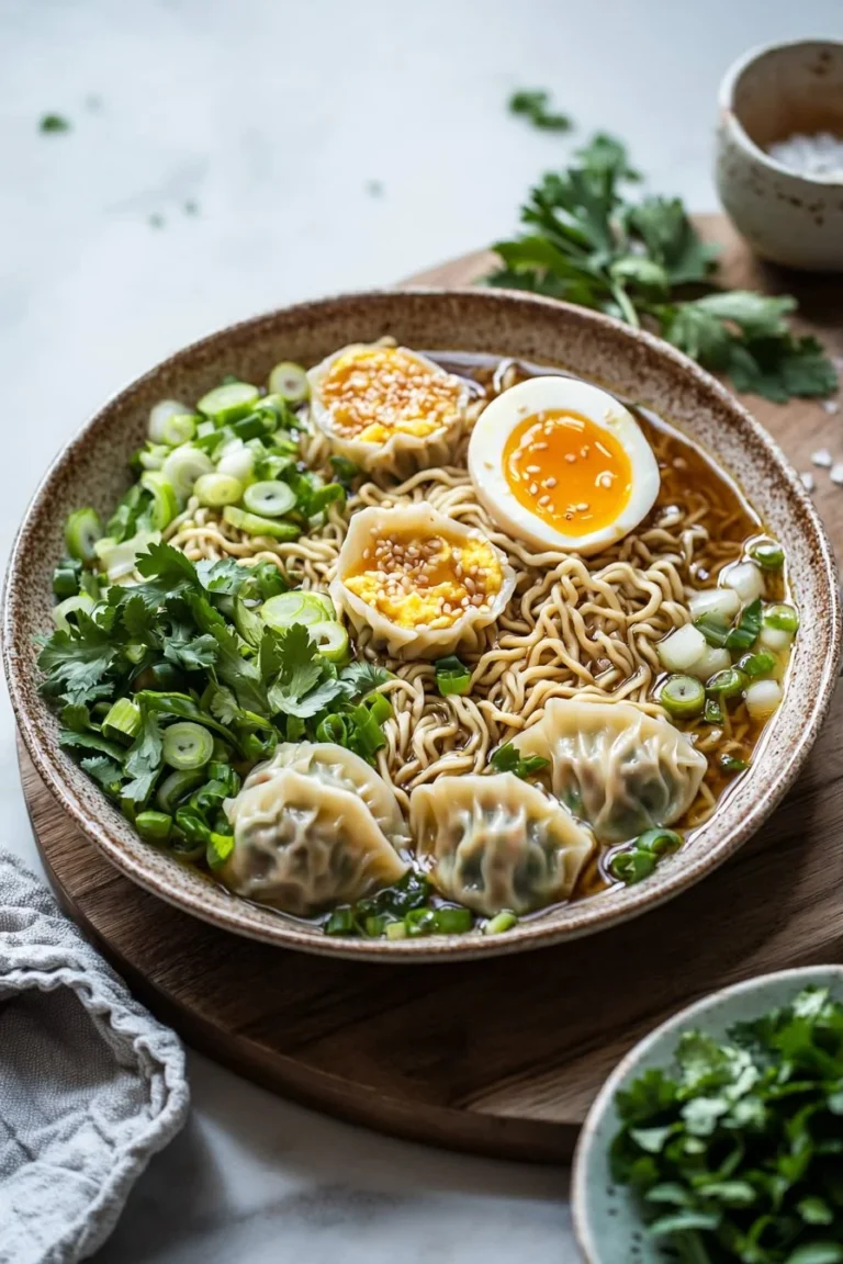 Herzhafte Teigtaschen-Ramen-Bowl mit frischen Zutaten und leckerer Brühe.