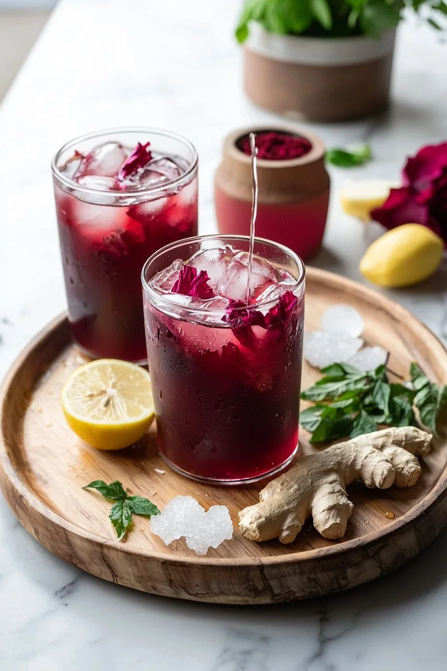 Erfrischender Hibiskus Ingwer Eistee in einem Glas mit Eiswürfeln und Zitronenscheiben