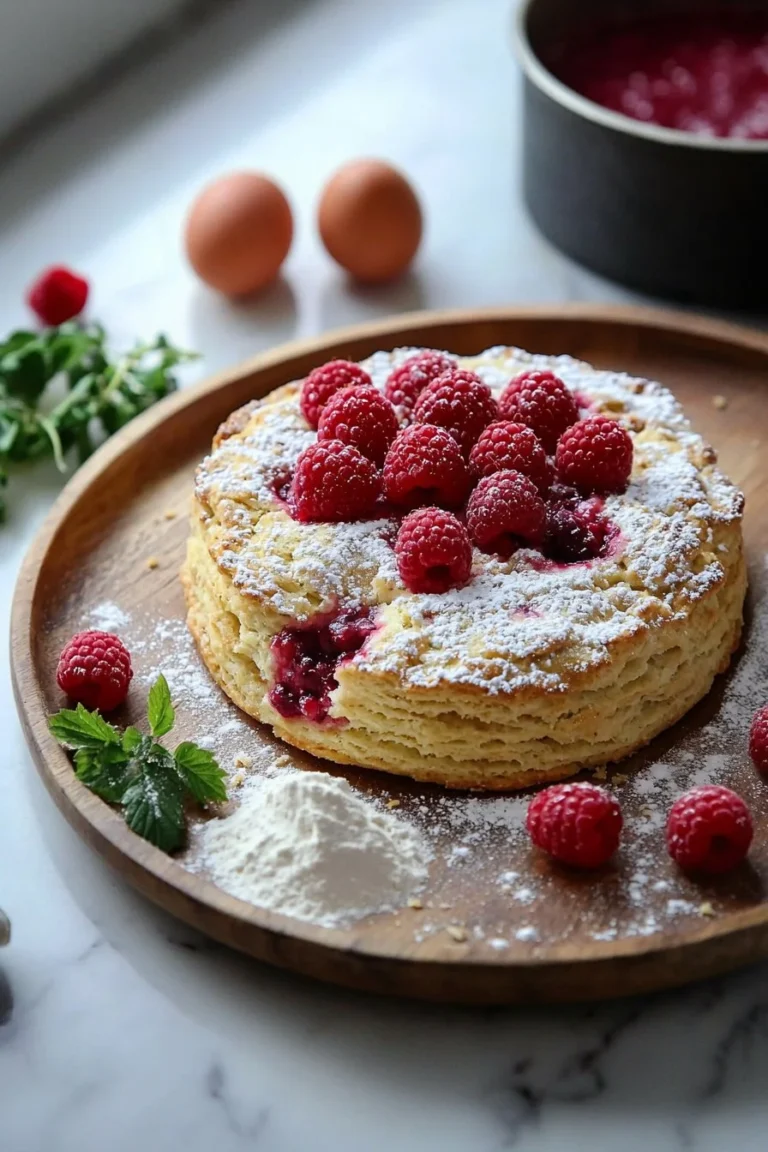 Leckerer Himbeer-Biskuitkuchen auf einem Teller angerichtet