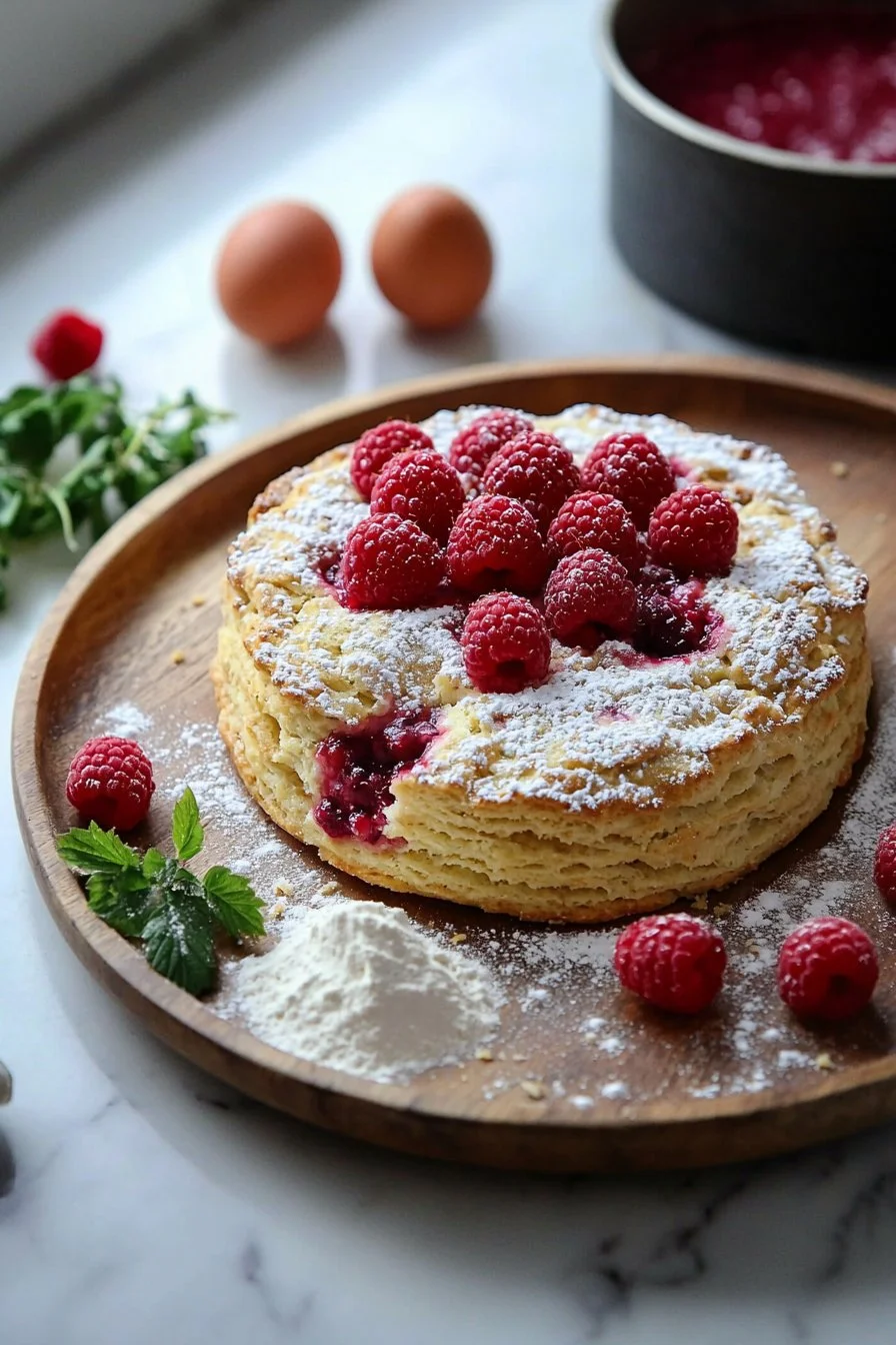 Leckerer Himbeer-Biskuitkuchen auf einem Teller angerichtet
