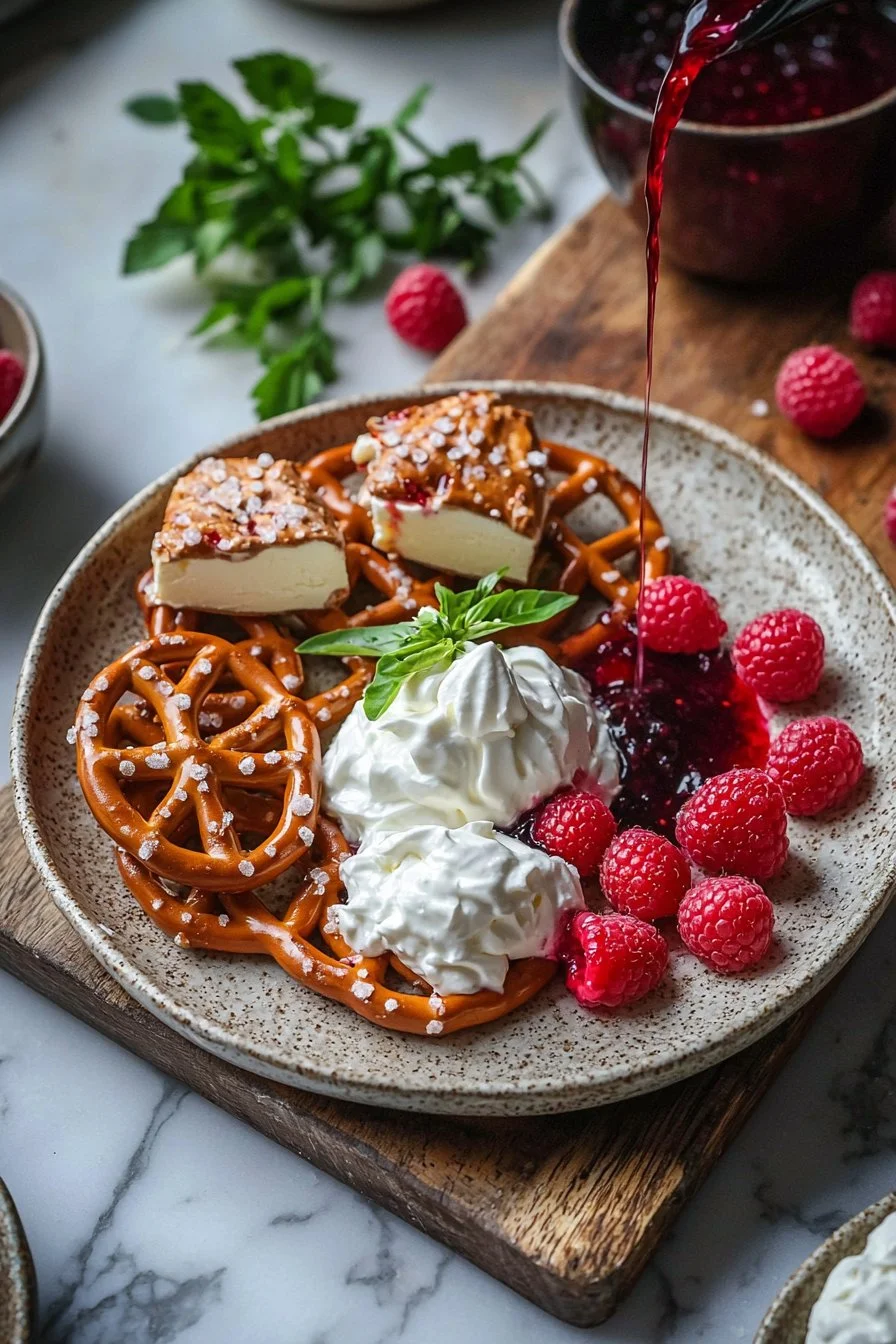 Himbeer-Brezel-Dessert mit frischen Himbeeren und Brezeln