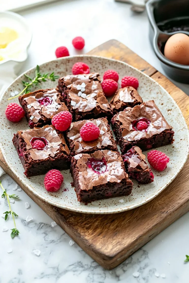 Saftige Himbeer-Brownies mit frisch gebackener Schokolade und Himbeeren.