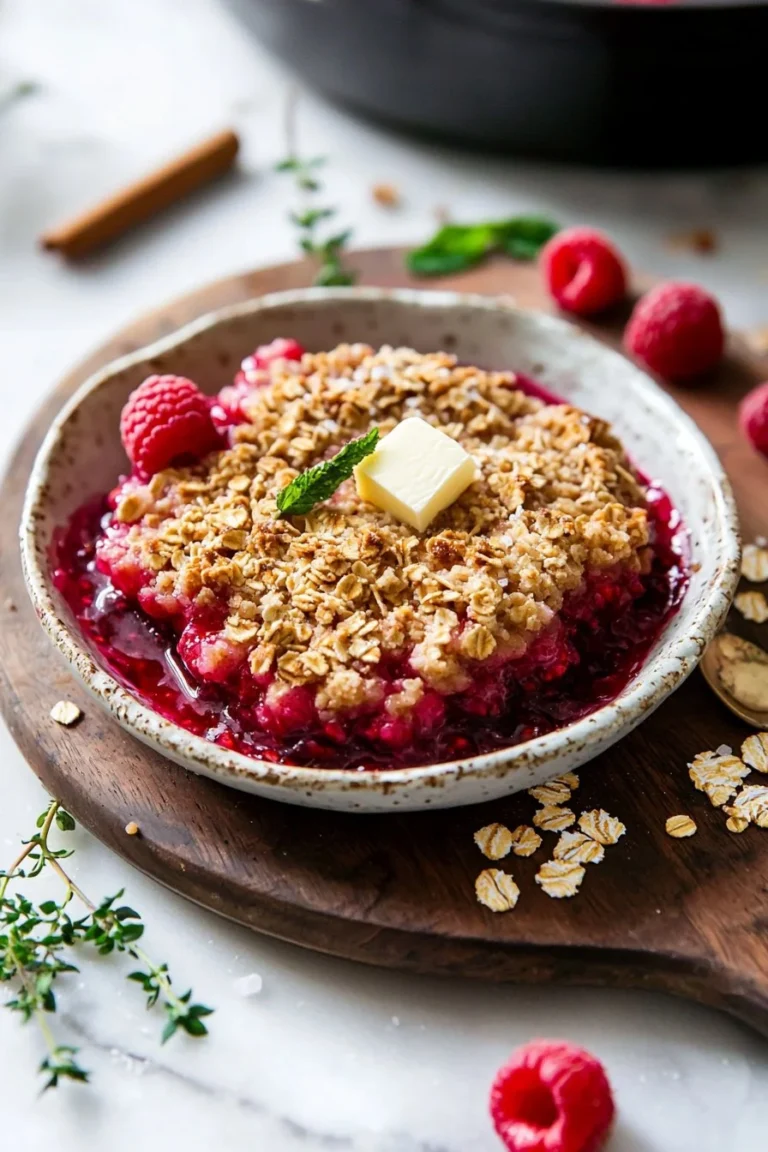 Leckeres Himbeer-Crisp mit frischen Himbeeren und knusprigem Belag