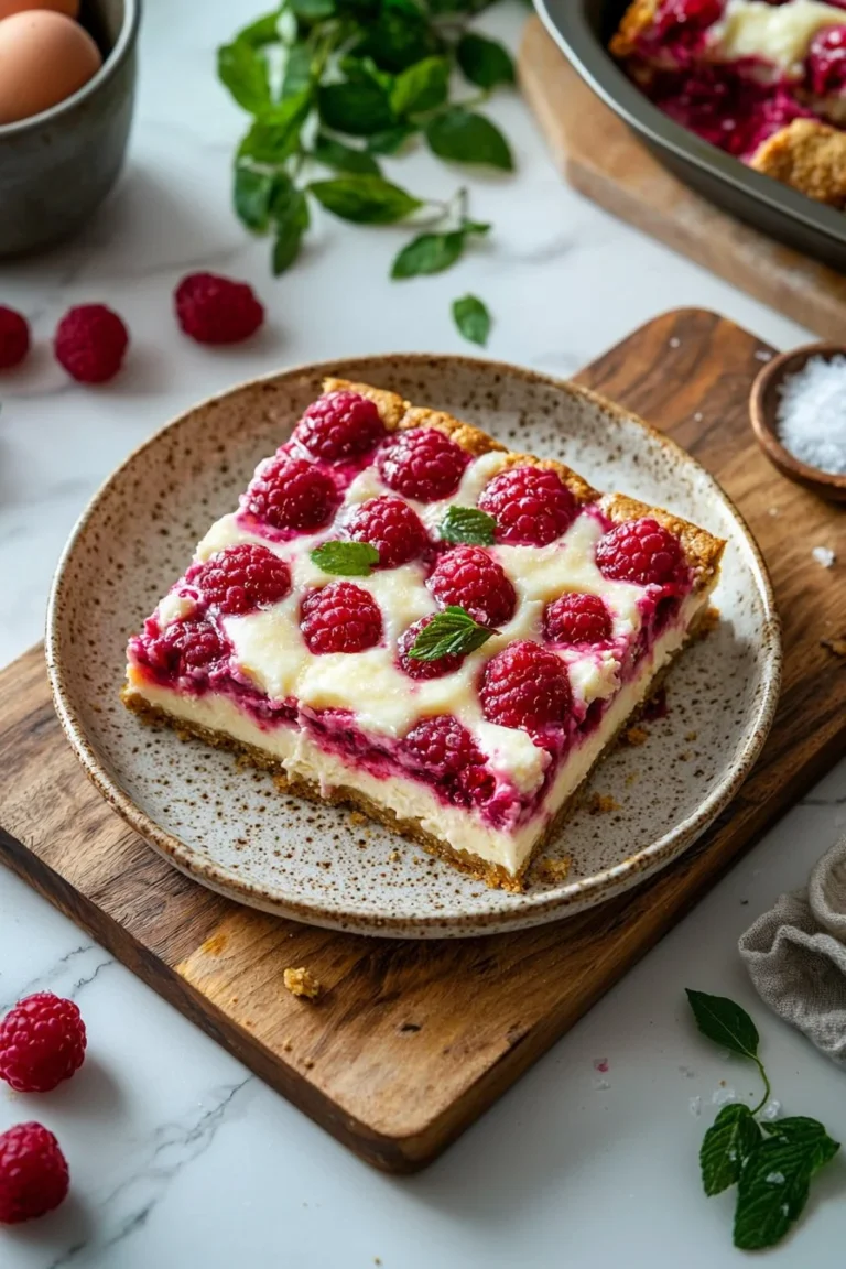 Leckere Himbeer-Käsekuchen-Riegel auf einem Teller mit frischen Himbeeren