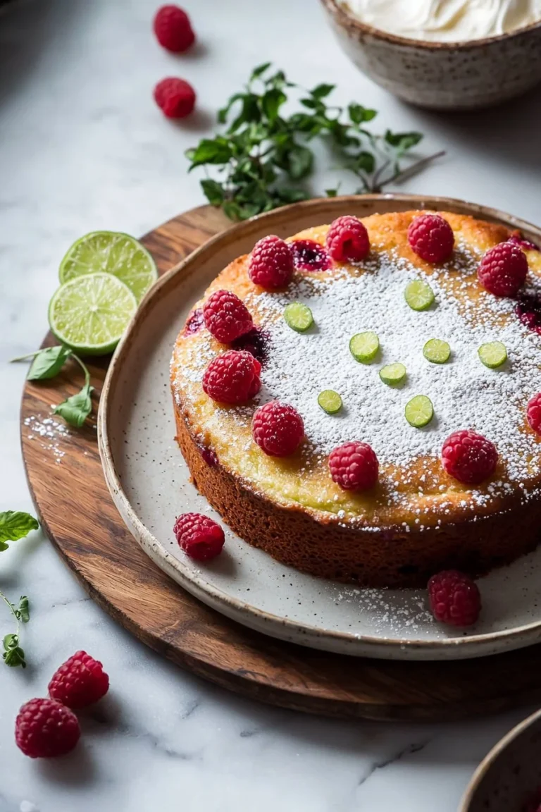 Himbeer-Key-Lime-Kuchen mit frischen Himbeeren und Limetten auf einem Teller