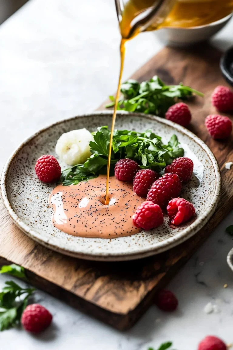 Himbeer-Mohn-Dressing in einer schönen Schüssel auf einem Holztisch