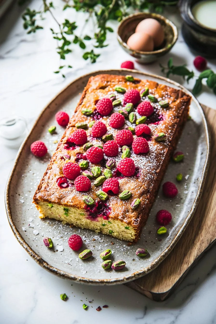 Leckerer Himbeer-Pistazien-Kuchen mit frischen Himbeeren und Pistazienstücken