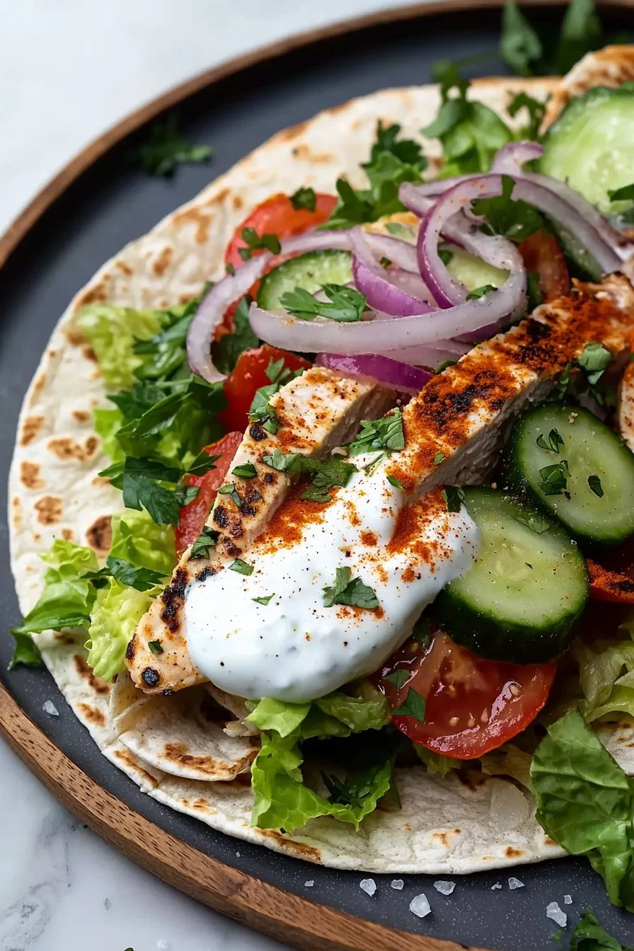 Hochprotein-Hühnchen-Wrap mit frischen Zutaten in einer Tortilla