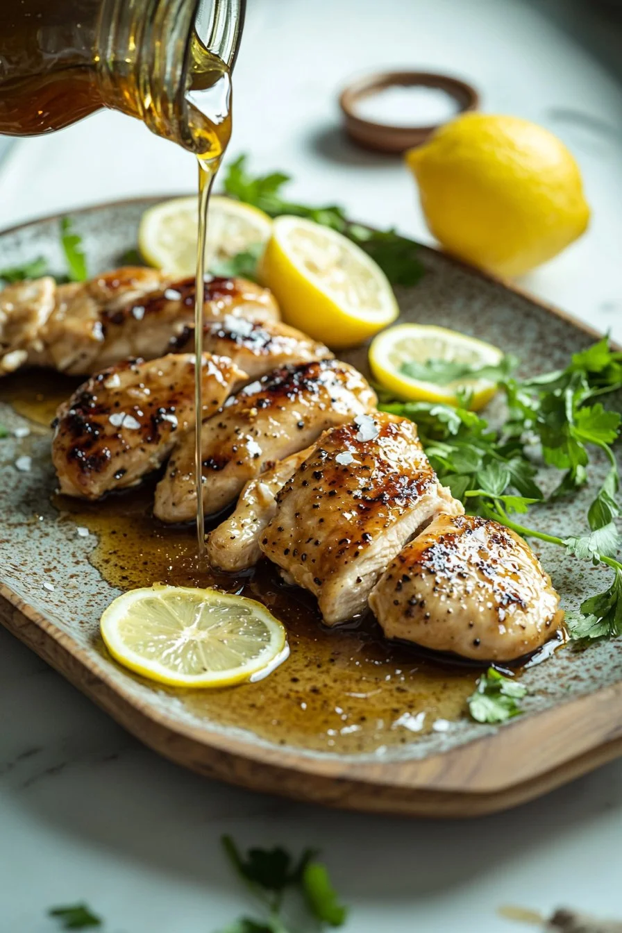 Gegrilltes Honig-Knoblauch-Hühnchen mit Zitronenscheiben.