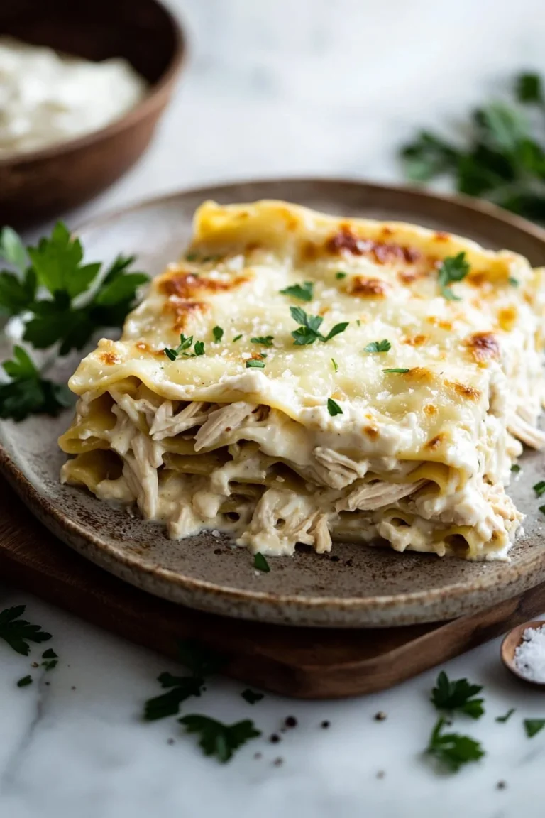 Hühnchen Alfredo Lasagne mit zartem Hühnchen und cremiger Sauce auf einem Teller.
