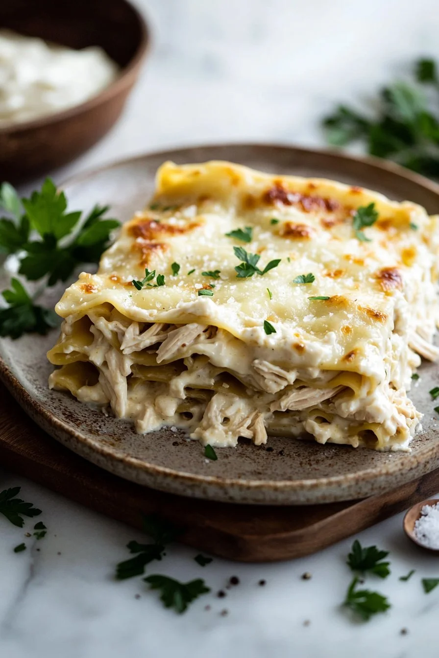 Hühnchen Alfredo Lasagne mit zartem Hühnchen und cremiger Sauce auf einem Teller.