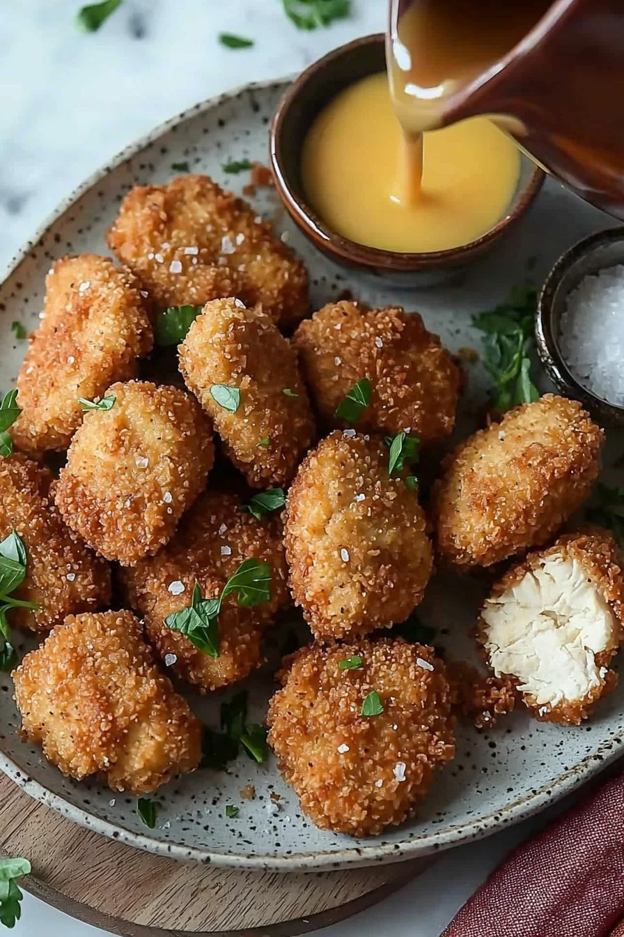 Köstliche und knusprige Hühnchen-Nuggets auf einem Teller serviert