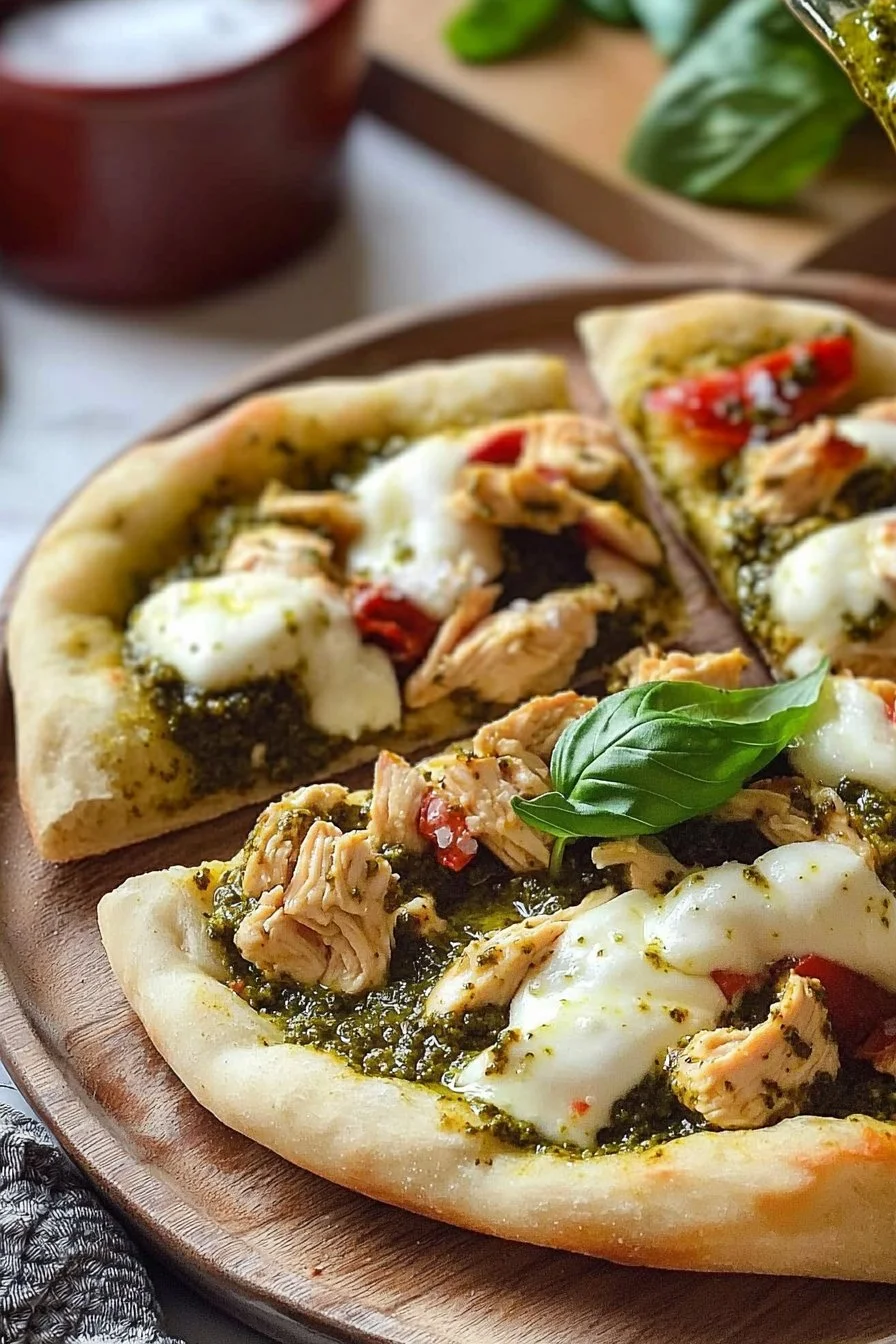 Hühnchen Pesto Pfannenbrot lecker serviert auf einem Holzbrett