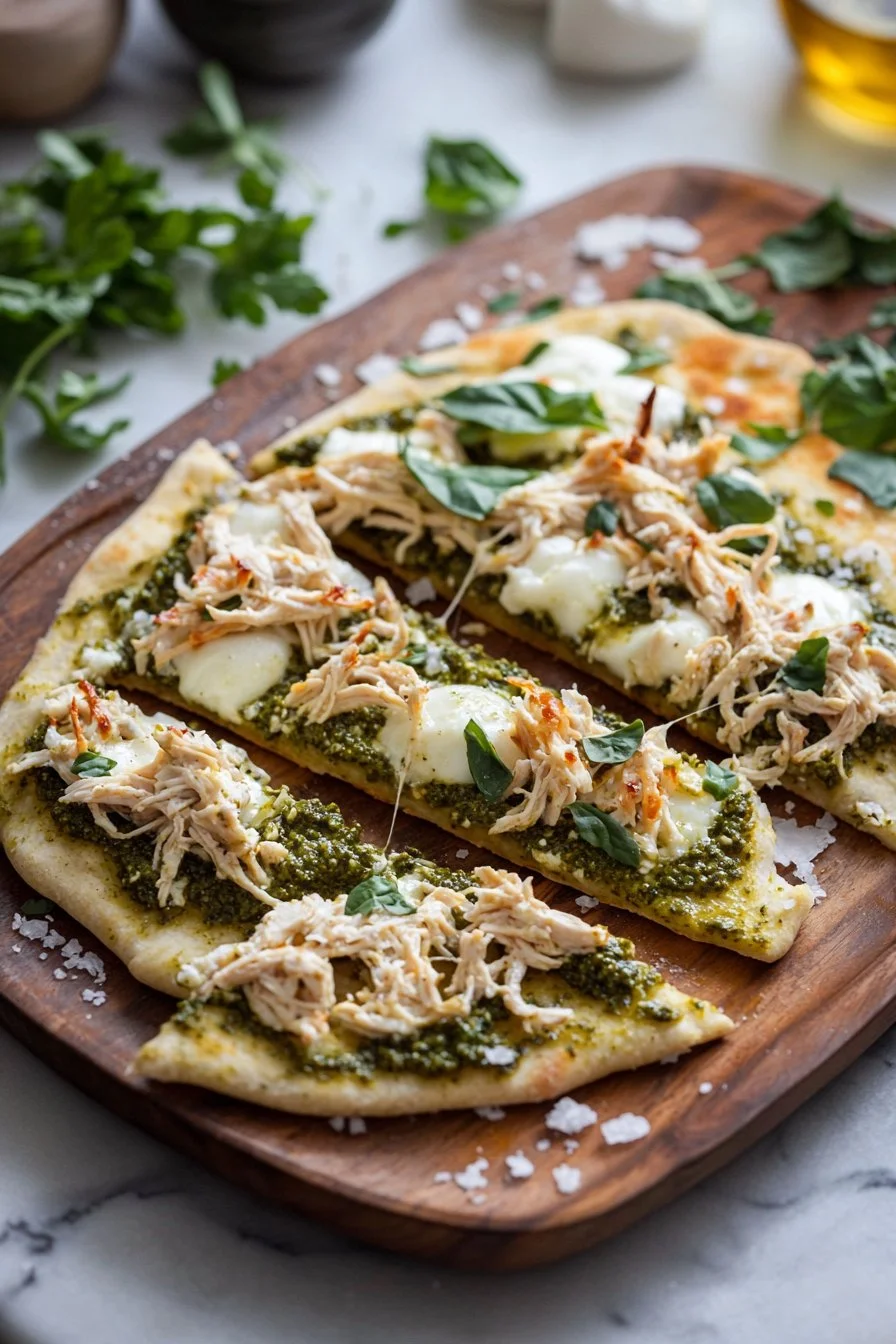 Hühnchen-Pesto-Pfannenbrot mit frischen Zutaten auf einem rustikalen Holzbrett