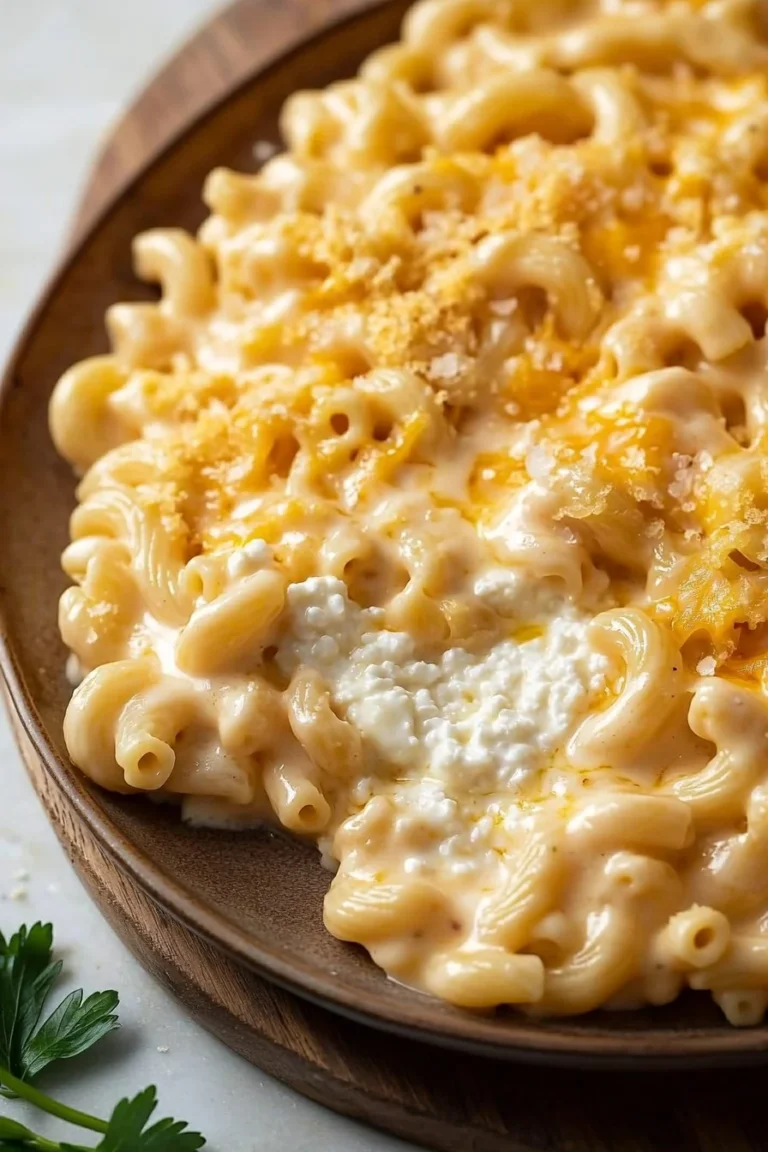 Hüttenkäse Mac und Käse Gericht auf einem Teller