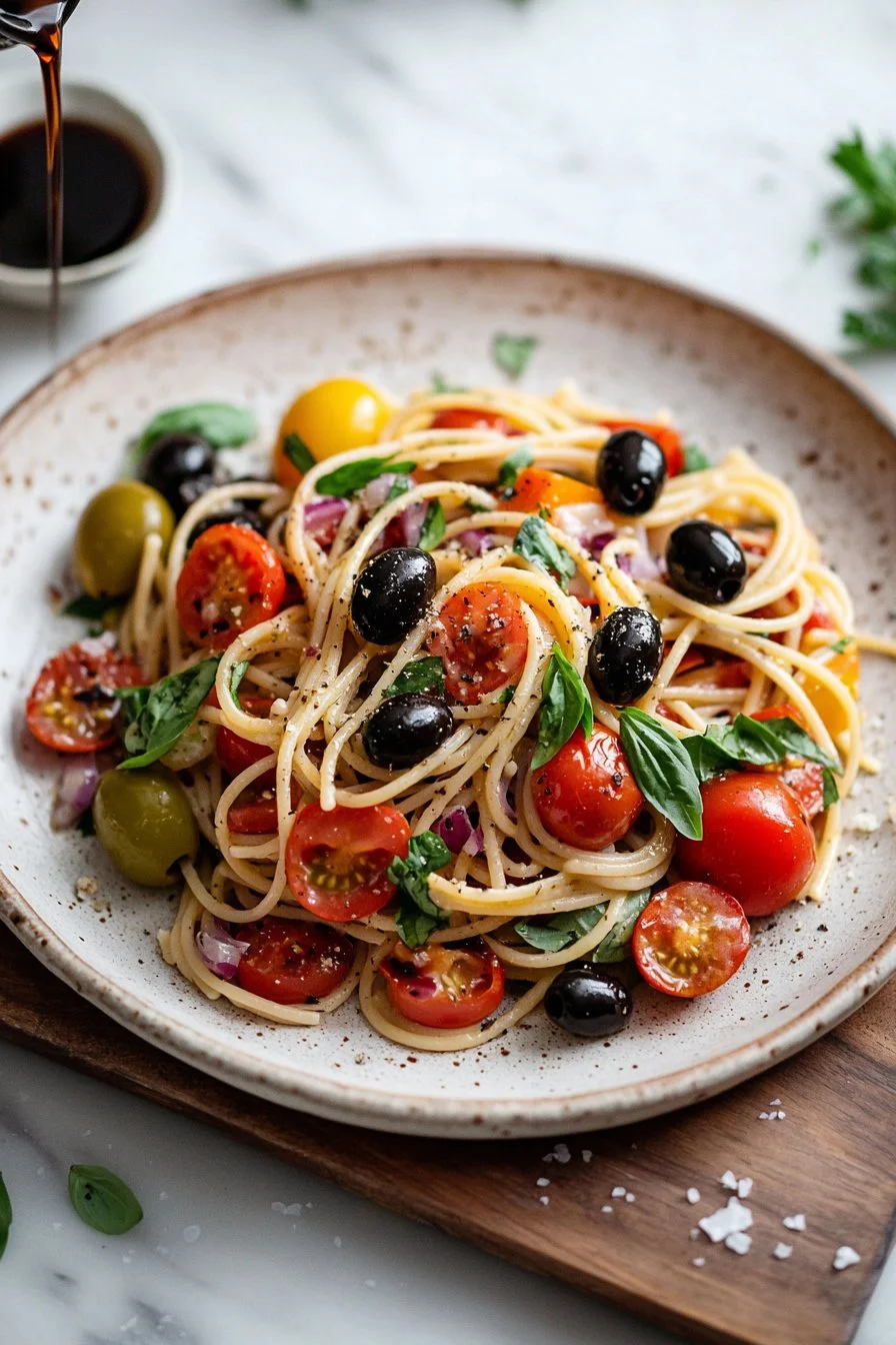 Italienischer Spaghetti-Salat mit frischem Gemüse und Dressing