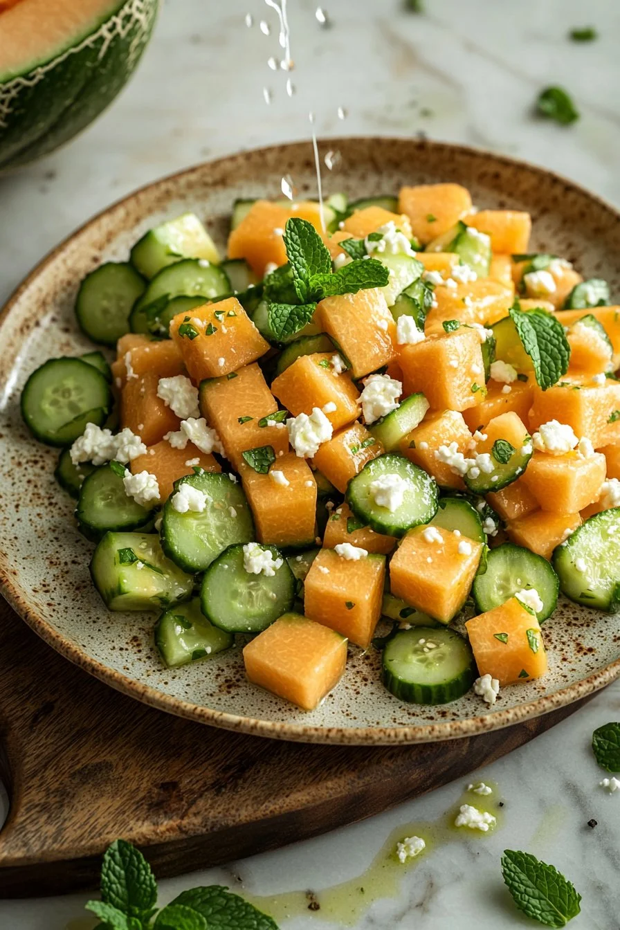 Erfrischender Kantaloupe-Gurke-Sommersalat mit frischen Zutaten