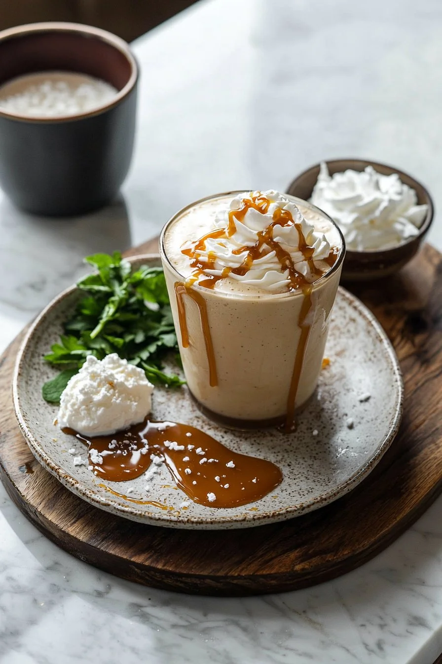 Leckerer Karamell-Milchshake in einem Glas mit Sahne und Karamellsoße.