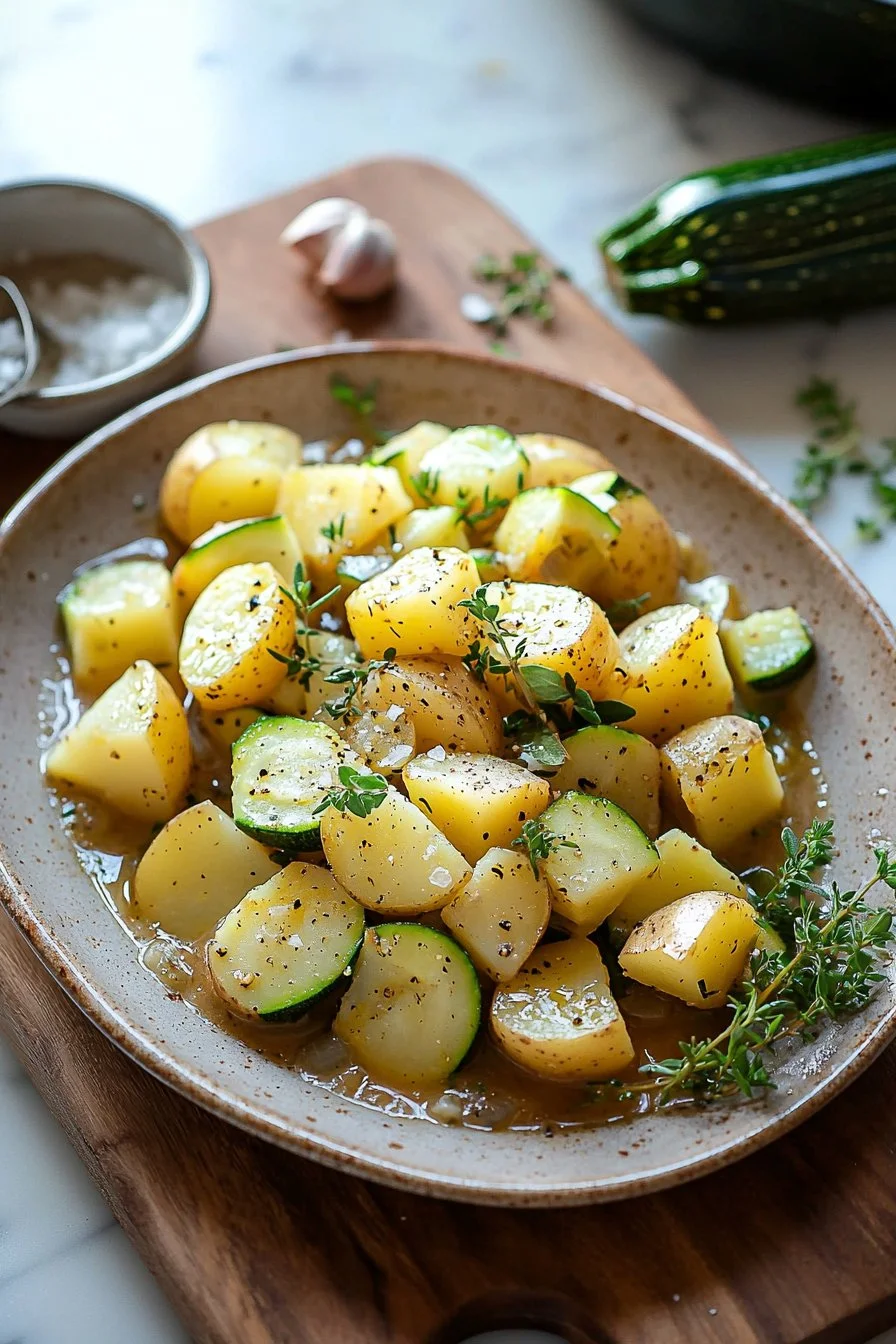 Leckere Portion Kartoffel-Zucchini-Eintopf in einer Schüssel