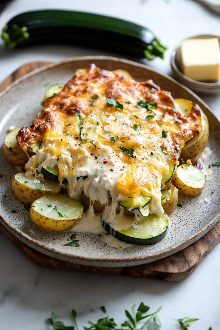 Käse Kartoffel Zucchini Auflauf auf dem Tisch serviert