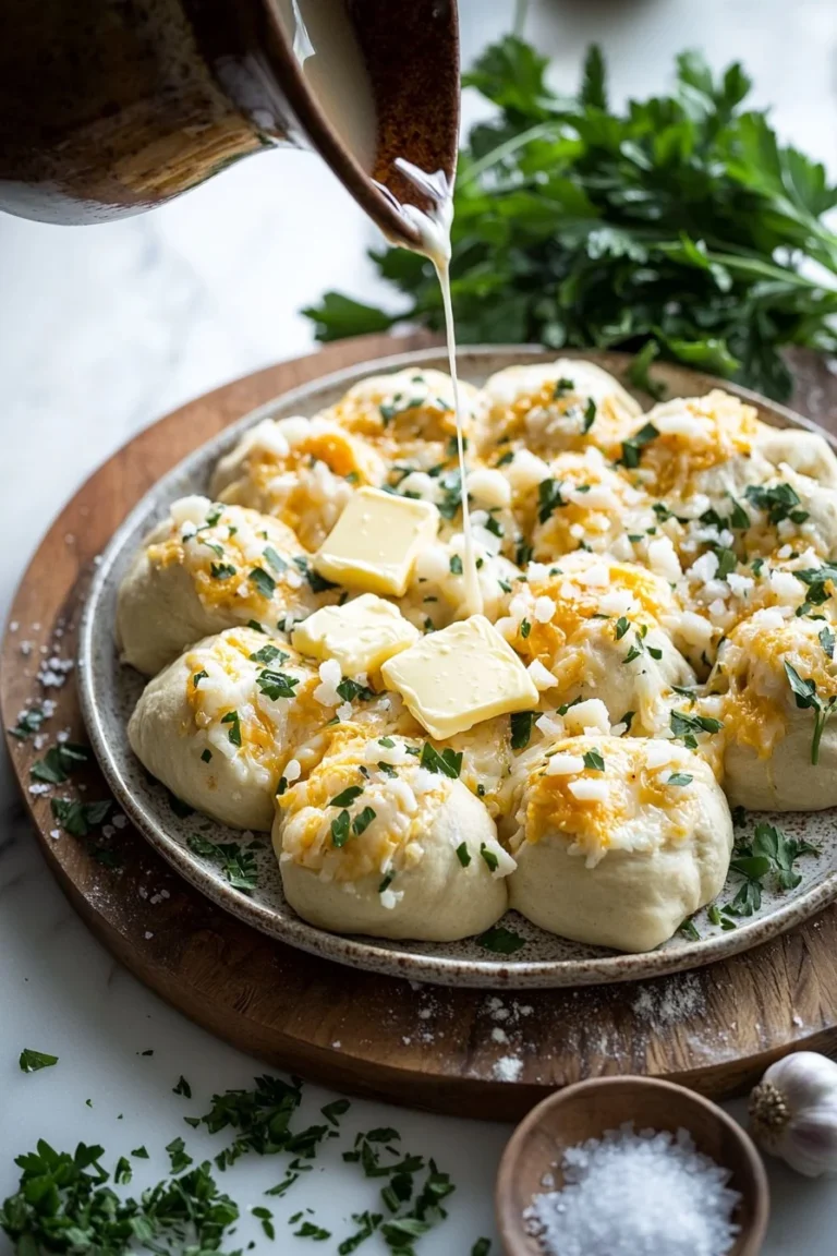 Frisch gebackene Käse Knoblauch Brötchen auf einem rustikalen Holzbrett.