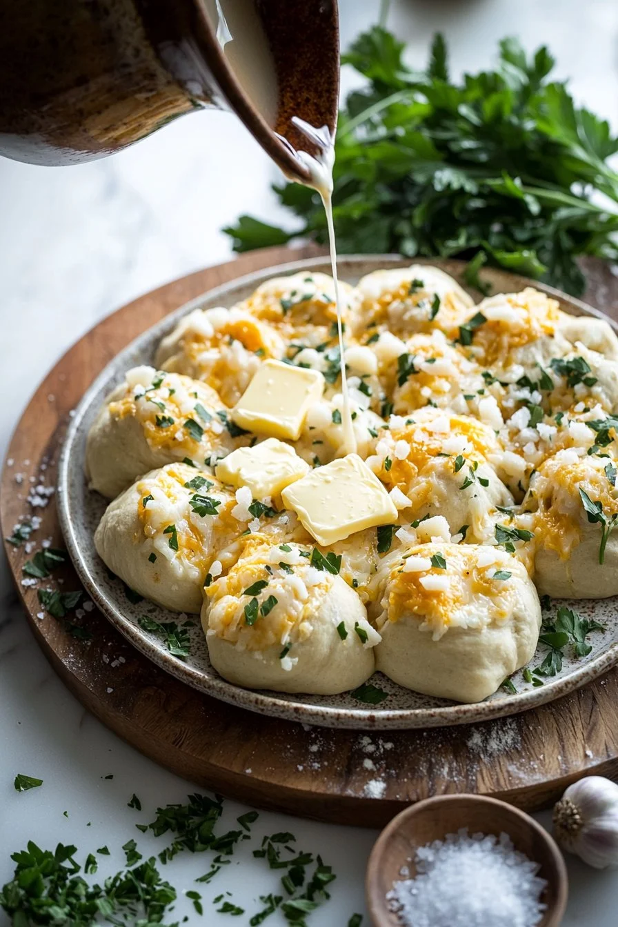 Frisch gebackene Käse Knoblauch Brötchen auf einem rustikalen Holzbrett.