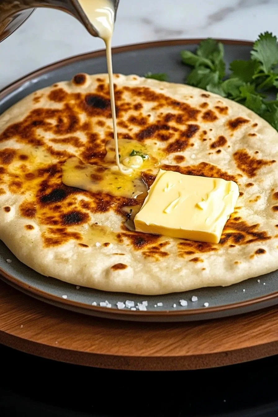 Leckeres Käse Naan frisch aus dem Ofen mit geschmolzenem Käse
