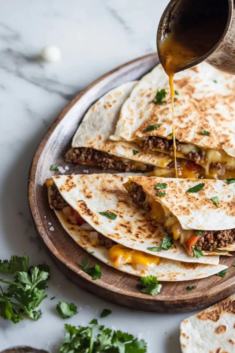 Käse-Rinderhack-Quesadillas auf einem Teller mit frischen Zutaten