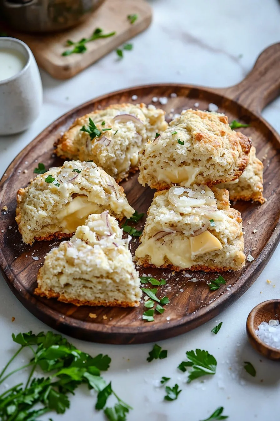 Leckere Käse-Zwiebel-Scones frisch gebacken auf einem Holzbrett