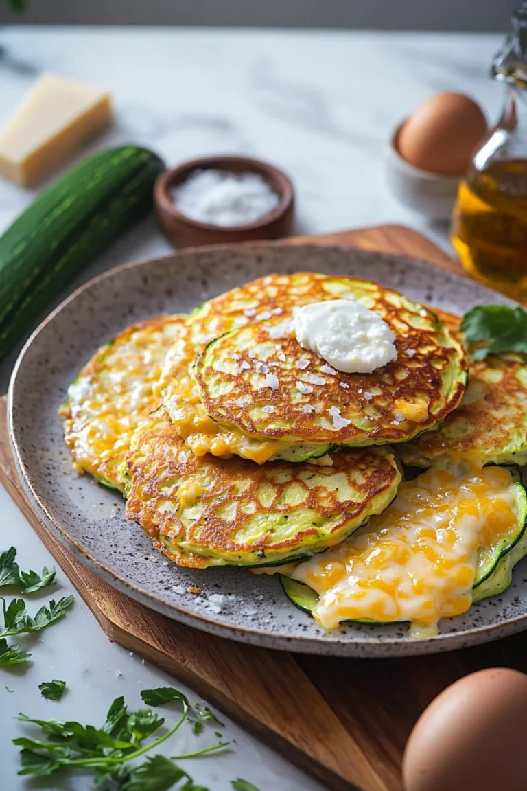 Käse-Zucchini-Pfannkuchen auf einem Teller, serviert mit frischen Kräutern.