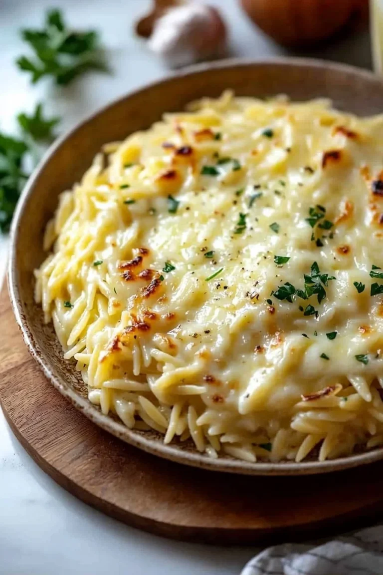 Käseüberbackenes Orzo mit geschmolzenem Käse in einer Auflaufform
