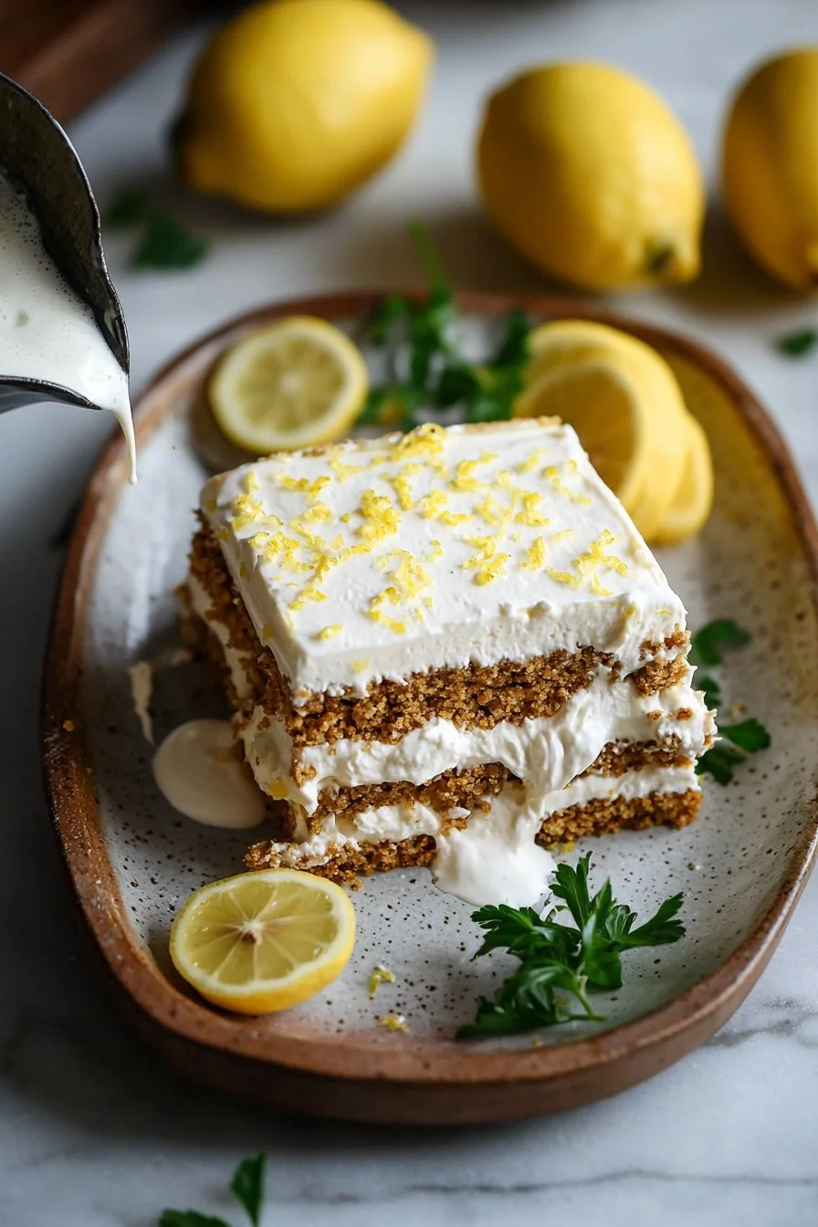 Kein-Back-Limonen-Eisboxkuchen auf einem Teller, dekoriert mit Limetten.