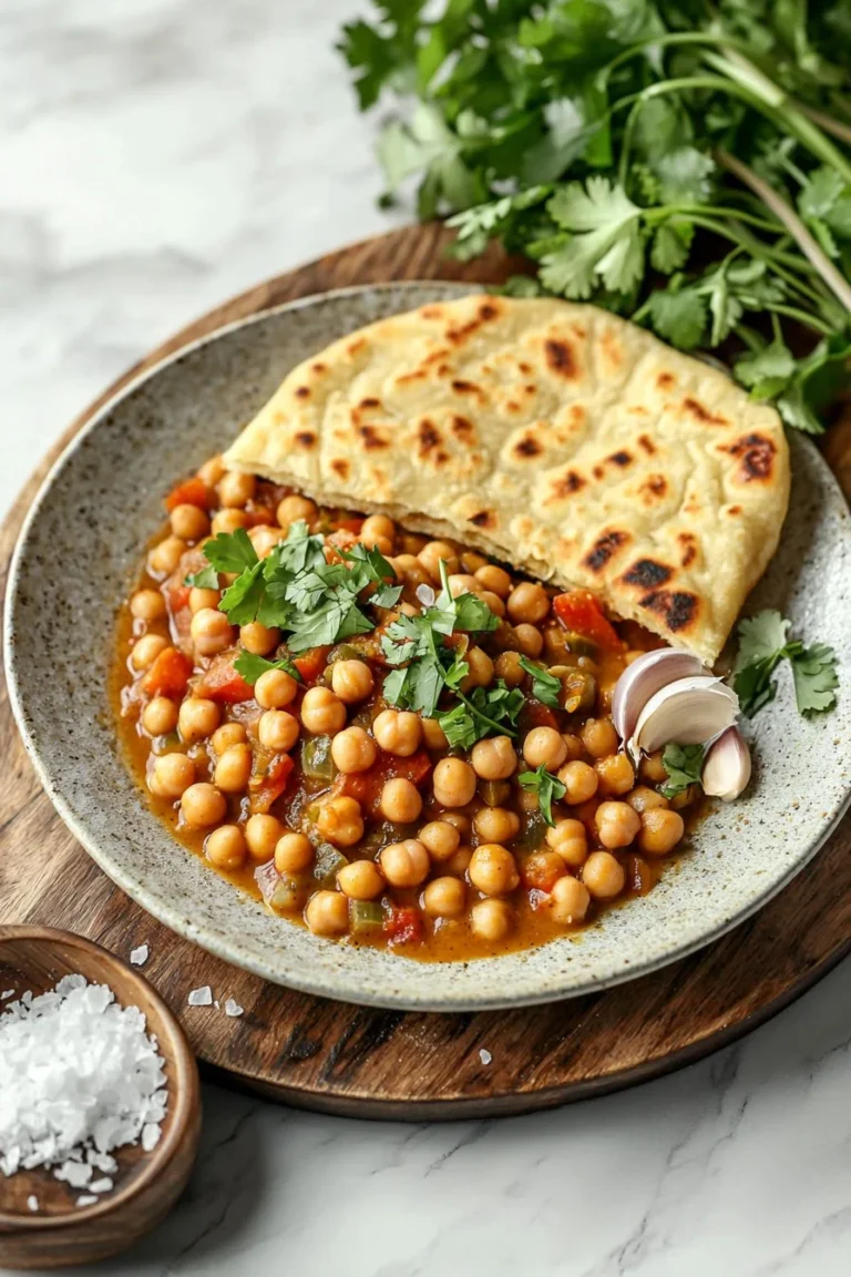 Kichererbsencurry mit Fladenbrot auf einem Teller serviert