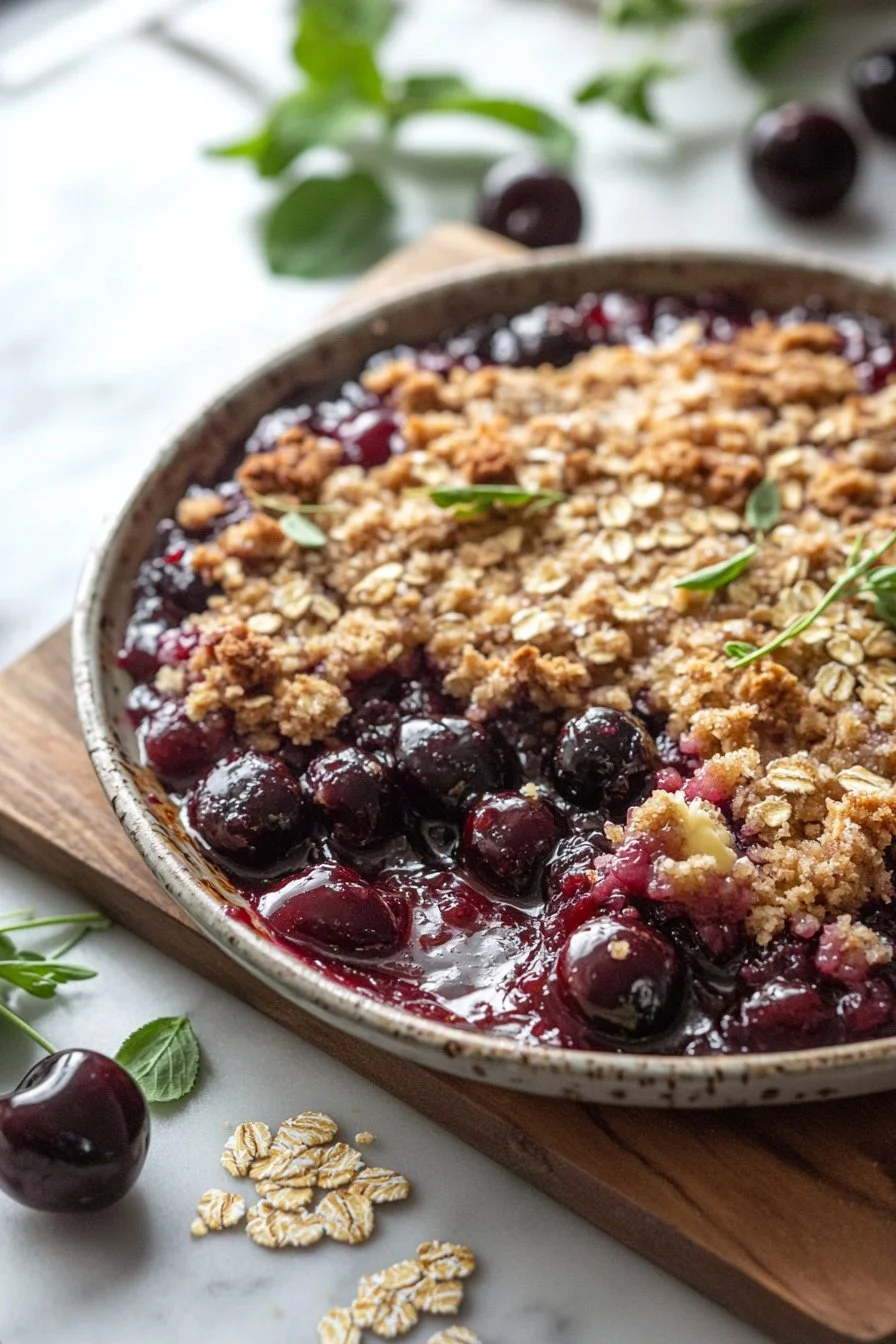 Schmackhaftes Kirsch-Crisp Dessert mit frischen Kirschen und knuspriger Oberseite.
